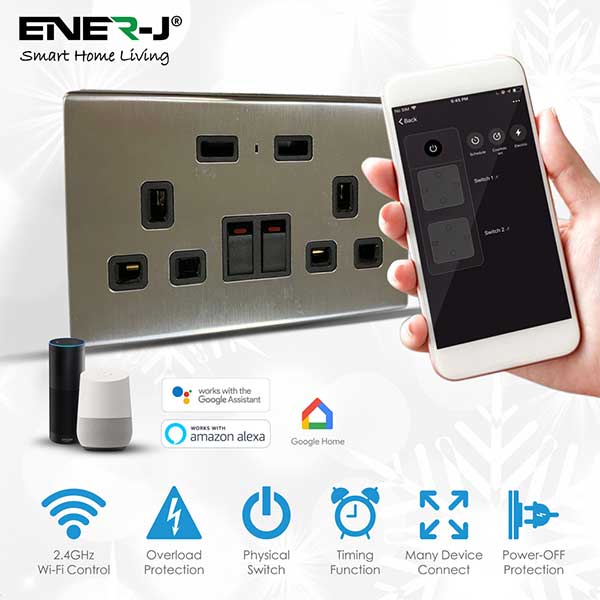 13A WiFi Twin Wall Sockets with 2 USB Ports Silver