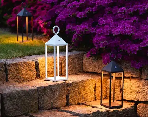 Battery operated outdoor lamps and lights