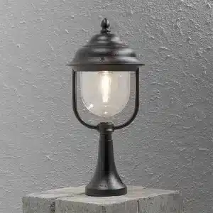 Traditional lantern style pillar light in matt black finish made from aluminium