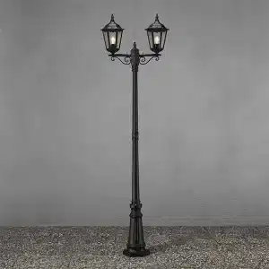 Lamp post light in matt black finish with twin head made from aluminium