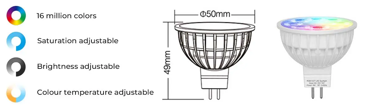 Features and dimensions of 4W MR16 spotlight