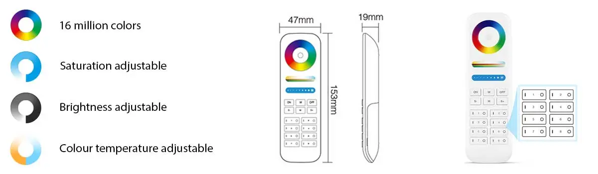 Features and dimensions of 8 zone remote controller