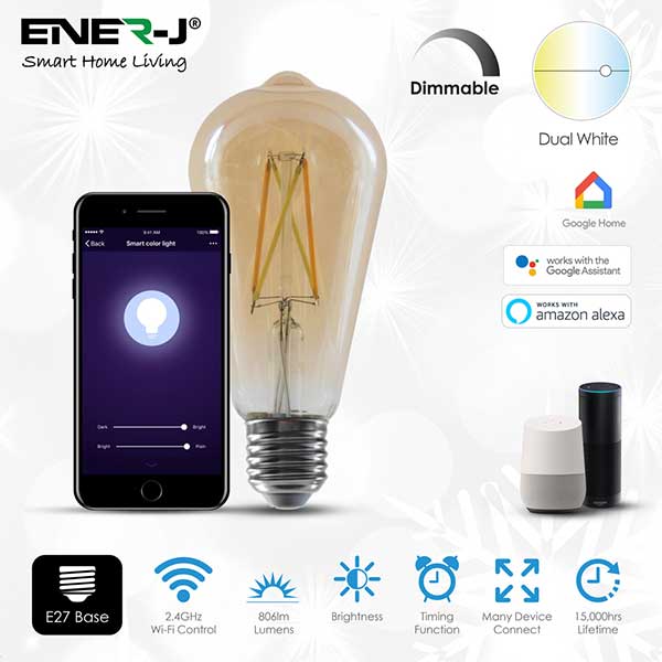 Smart WiFi CCT & Dimmable Amber Glass ST64 LED Lamp E27 8.5W