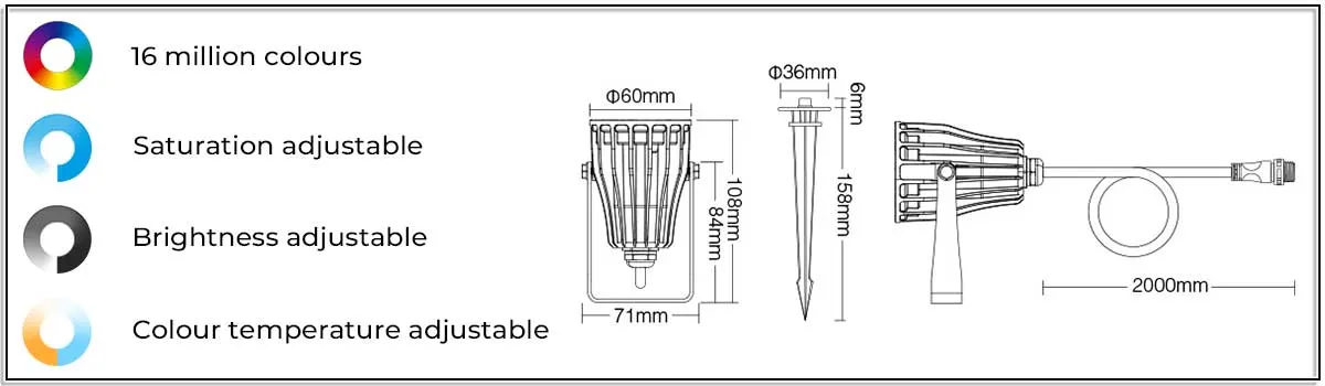 Features and dimensions of 6W low voltage garden spike light