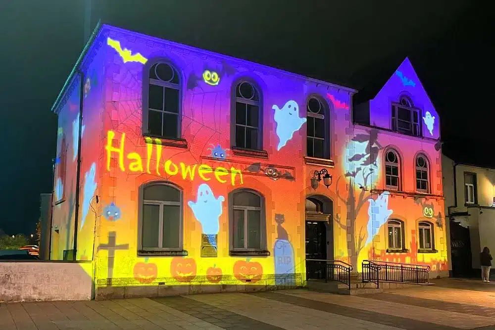 Commercial Gobo Projector Designs and Installation by Fantasy Lights on Carlow Town Hall to Celebrate Halloween 2023