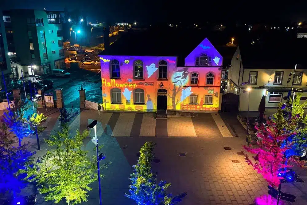 Commercial Gobo Projector Designs and Installation by Fantasy Lights on Carlow Town Hall to Celebrate Halloween 2023