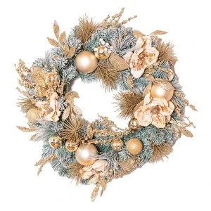 Champagne and Magnolia Frosted Christmas Wreath 75CM